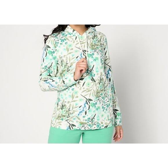 Denim & Co Size XL Green Printed French Terry Hoodie Top A643303 NWOT - Picture 1 of 8